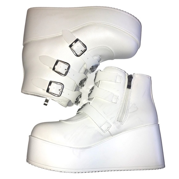 LUCKY STEP Women Platform Chunky Sole Ankle Boots White Goth Booties Size 7.5 - Picture 4 of 12